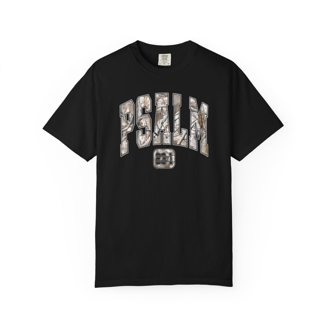 Camo Psalm 23 Tee features “PSALM” in camo pattern and “23:1” on a black T-shirt, combining comfort and style from Faith Family Designs.