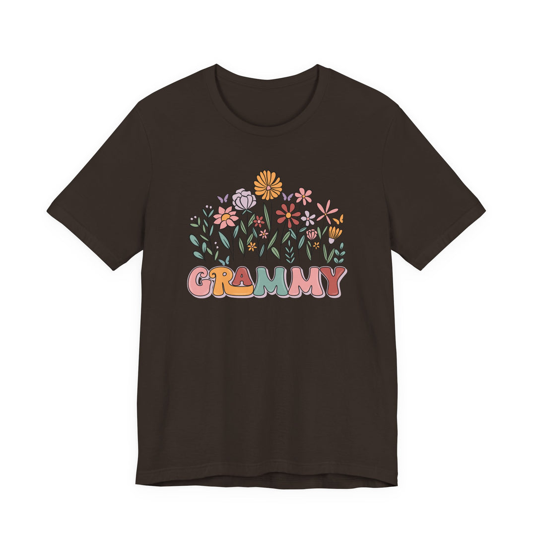 Grammy Flower Tee featuring pastel flowers above GRAMMY in retro style on a dark T-shirt, showcasing a classic unisex fit with soft cotton.
