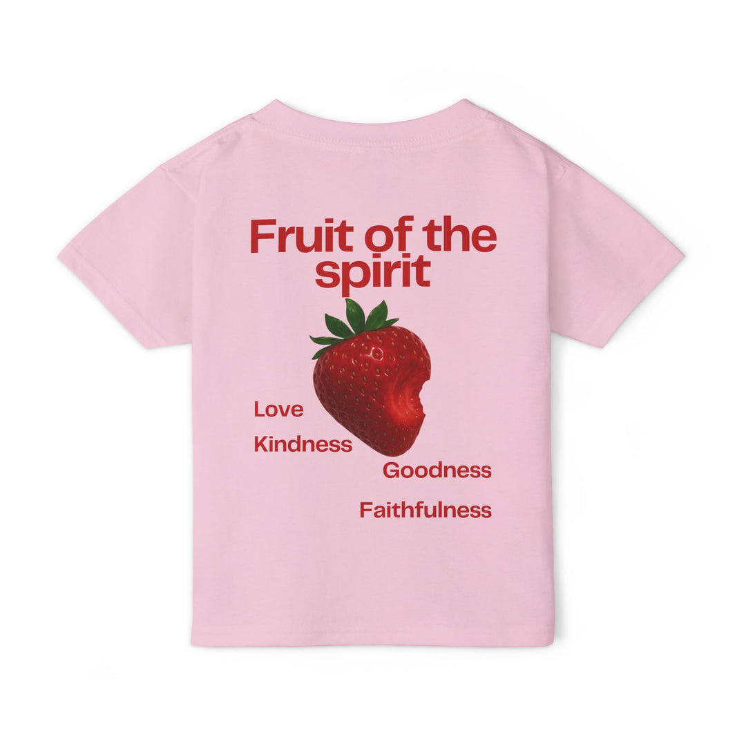 Fruit of the Spirit Toddler Tee featuring a bitten strawberry graphic and words like Love and Kindness in bold red on the back.