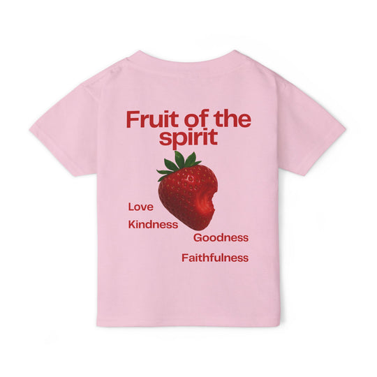 Fruit of the Spirit Toddler Tee featuring a bitten strawberry graphic and words like Love and Kindness in bold red on the back.