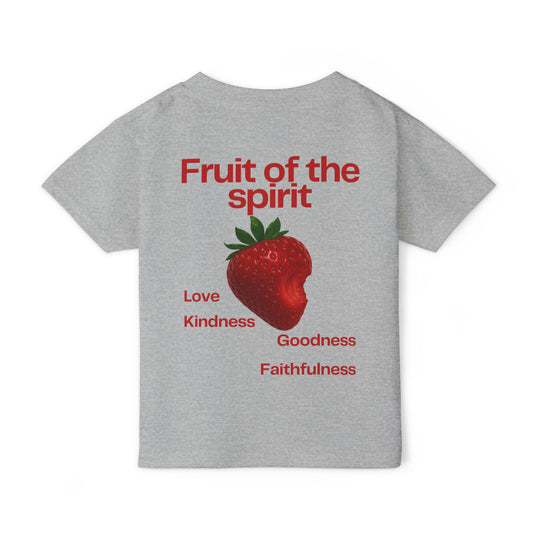 Fruit of the Spirit Toddler Tee, back view, featuring a red graphic with a bitten strawberry and words: Love, Kindness, Goodness, Faithfulness. Made from soft, eco-friendly cotton.