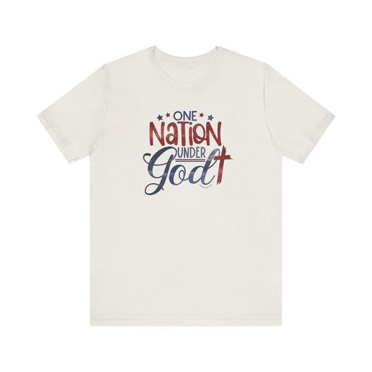 Unisex white tee with red and blue One Nation Under God text. 100% cotton, ribbed knit collar, tear away label. Retail fit, runs true to size. Classic and comfortable.