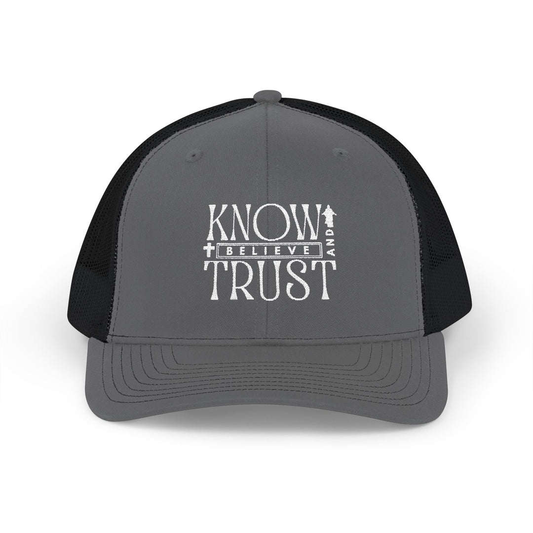 Know and Trust Snapback Trucker Cap (Embroidery) with a 6-panel design, mid-profile fit, pre-curved visor, and adjustable snap closure, offering comfort and style.