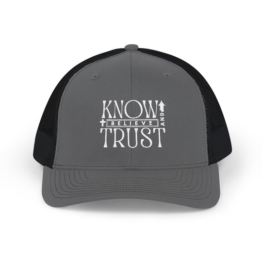 Know and Trust Snapback Trucker Cap (Embroidery) with a 6-panel design, mid-profile fit, pre-curved visor, and adjustable snap closure, offering comfort and style.