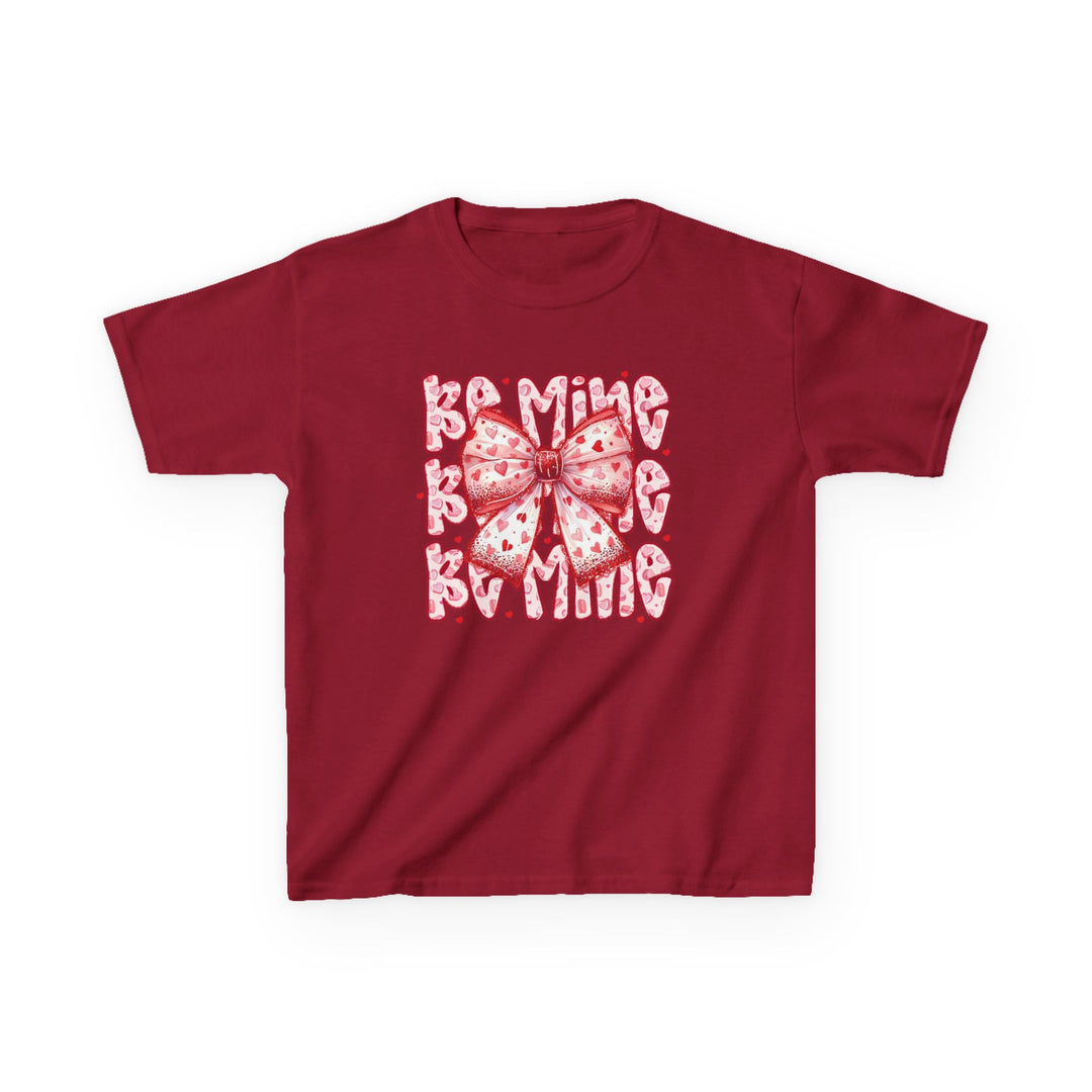 Be Mine Kids Tee with Be Mine heart design and pink bow graphic, perfect for everyday wear, made from soft, durable cotton.
