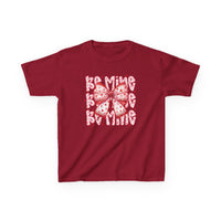 Be Mine Kids Tee with Be Mine heart design and pink bow graphic, perfect for everyday wear, made from soft, durable cotton.