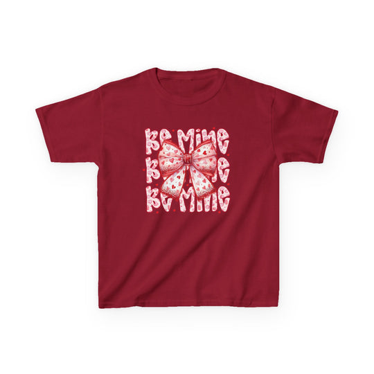 Be Mine Kids Tee with Be Mine heart design and pink bow graphic, perfect for everyday wear, made from soft, durable cotton.
