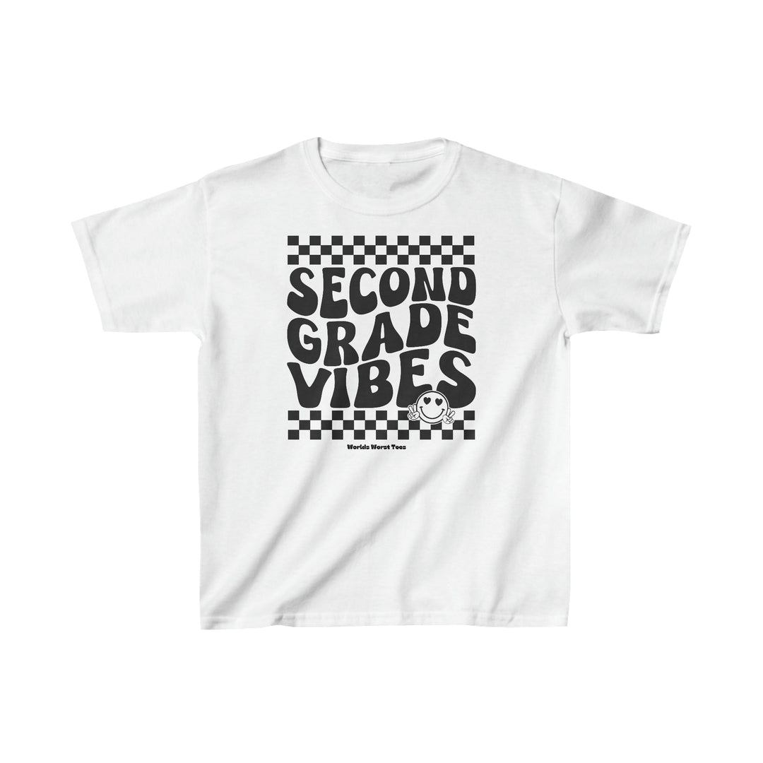 A kids' heavy cotton tee featuring 2nd Grade Vibes text. 100% cotton fabric, twill tape shoulders, ribbed collar, tear-away label, no side seams. Classic fit, 5.3 oz/yd², true to size.