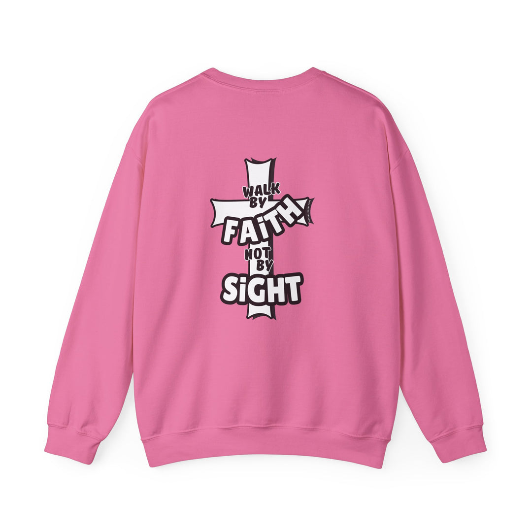 A pink sweatshirt with a cross design, ideal for comfort in any situation. Unisex heavy blend crewneck with ribbed knit collar, no itchy side seams. Walk By Faith Not By Sight Crew.