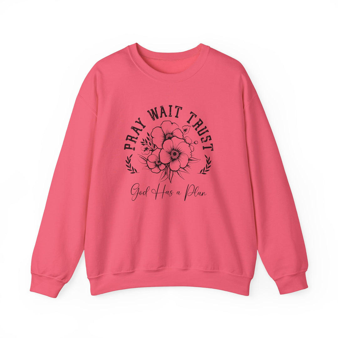 Pray Wait Trust Crew sweatshirt featuring a pink backdrop with black floral design, crafted from a comfortable polyester-cotton blend, ideal for casual wear.