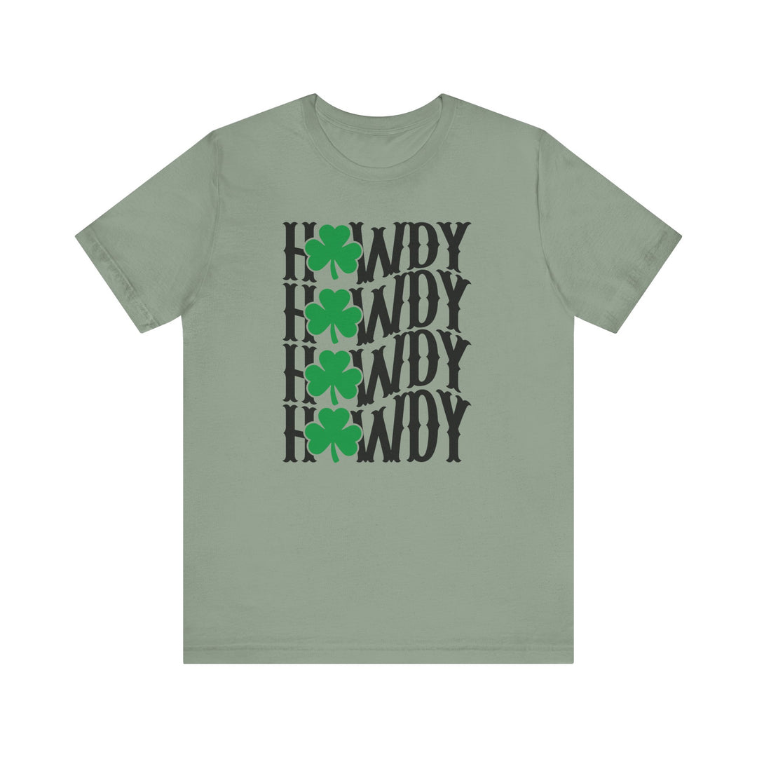 Howdy Lucky Tee: A green shirt adorned with four-leaf clovers and text, featuring a classic unisex fit and soft cotton fabric.