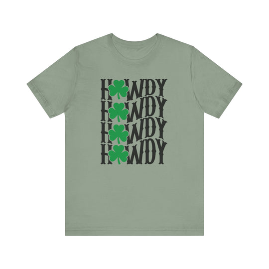 Howdy Lucky Tee: A green shirt adorned with four-leaf clovers and text, featuring a classic unisex fit and soft cotton fabric.
