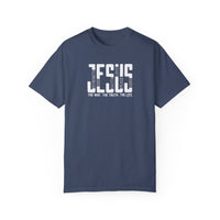Relaxed fit Jesus Tee, a ring-spun cotton t-shirt with double-needle stitching for durability. Soft-washed, garment-dyed fabric for coziness. No side-seams for a tubular shape. Sizes S-4XL.