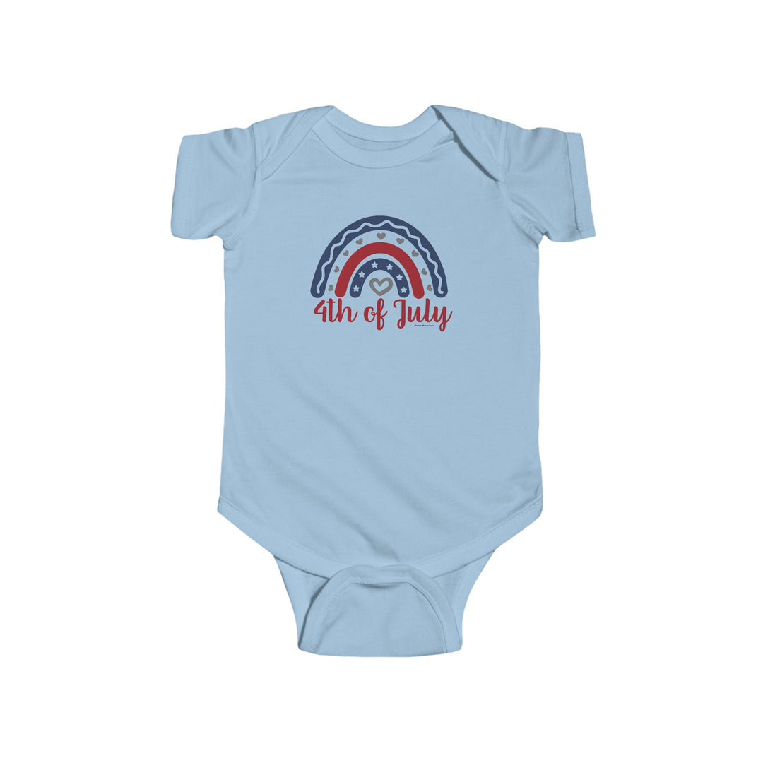 A durable and soft infant fine jersey bodysuit with ribbed knitting for durability. Features plastic snaps at cross closure for easy changing access. 100% Combed ringspun cotton, light fabric, tear away label. Ideal for 4th of July celebrations.