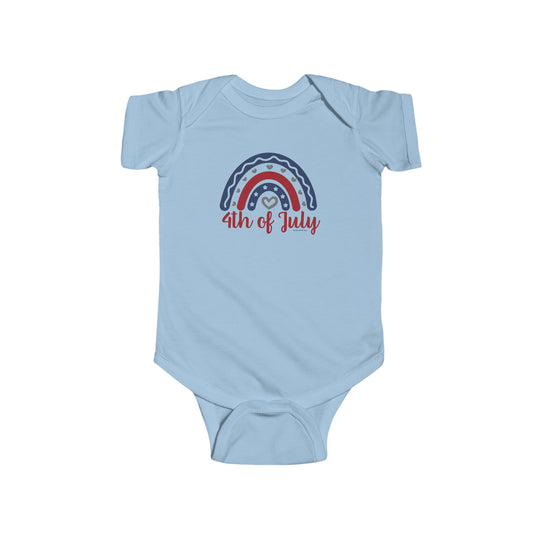 A durable and soft infant fine jersey bodysuit with ribbed knitting for durability. Features plastic snaps at cross closure for easy changing access. 100% Combed ringspun cotton, light fabric, tear away label. Ideal for 4th of July celebrations.