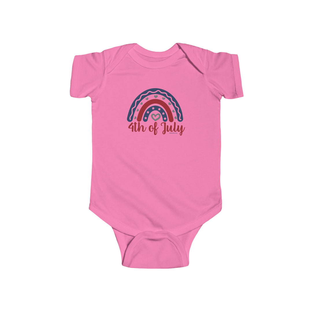 A durable and soft infant fine jersey bodysuit, featuring a rainbow design with hearts and stars. Made of 100% cotton, with ribbed knit bindings, and plastic snaps for easy changing access. From 'Worlds Worst Tees'.
