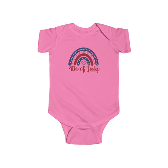 A durable and soft infant fine jersey bodysuit, featuring a rainbow design with hearts and stars. Made of 100% cotton, with ribbed knit bindings, and plastic snaps for easy changing access. From 'Worlds Worst Tees'.