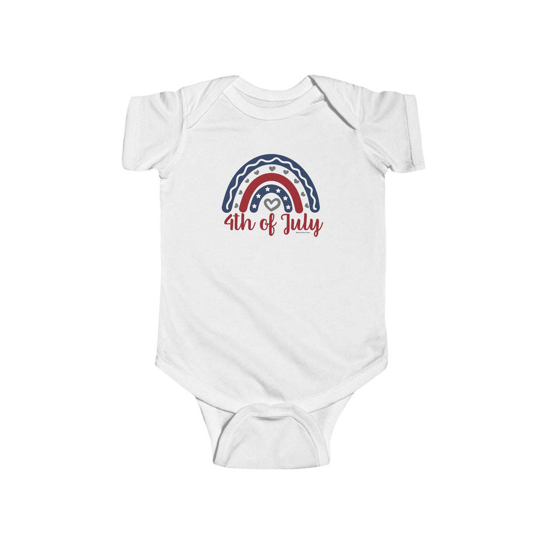 A white baby bodysuit featuring a red, white, and blue rainbow design with hearts and stars. Made of 100% cotton, light fabric, with ribbed knit bindings and plastic snaps for easy changing access. From Worlds Worst Tees.