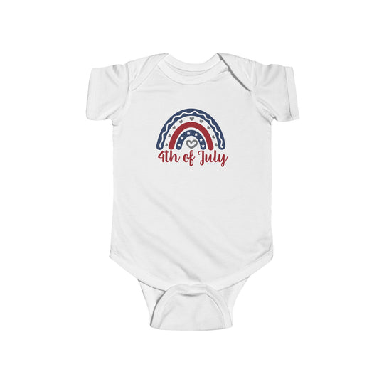 A white baby bodysuit featuring a red, white, and blue rainbow design with hearts and stars. Made of 100% cotton, light fabric, with ribbed knit bindings and plastic snaps for easy changing access. From Worlds Worst Tees.
