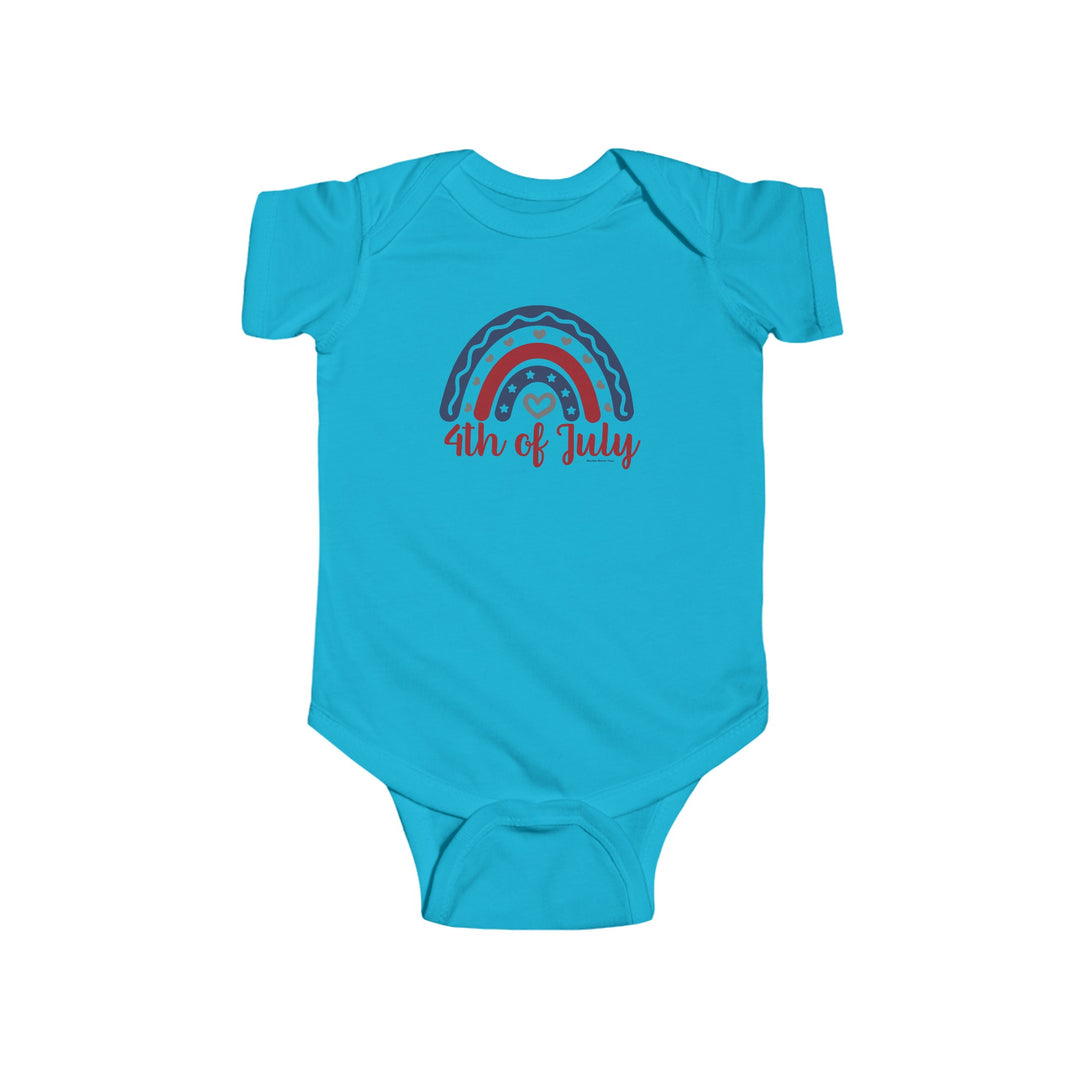 A durable and soft infant fine jersey bodysuit, featuring 100% cotton fabric for solid colors. Includes ribbed knitting for durability and plastic snaps for easy changing access. Title: 4th of July Onesie.
