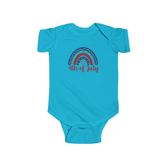 A durable and soft infant fine jersey bodysuit, featuring 100% cotton fabric for solid colors. Includes ribbed knitting for durability and plastic snaps for easy changing access. Title: 4th of July Onesie.
