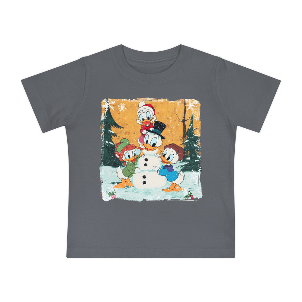 Duck Snowmen Baby Tee featuring cartoon ducks building a snowman, perfect for baby's first steps in comfort and style. Made from soft, shrink-resistant cotton.