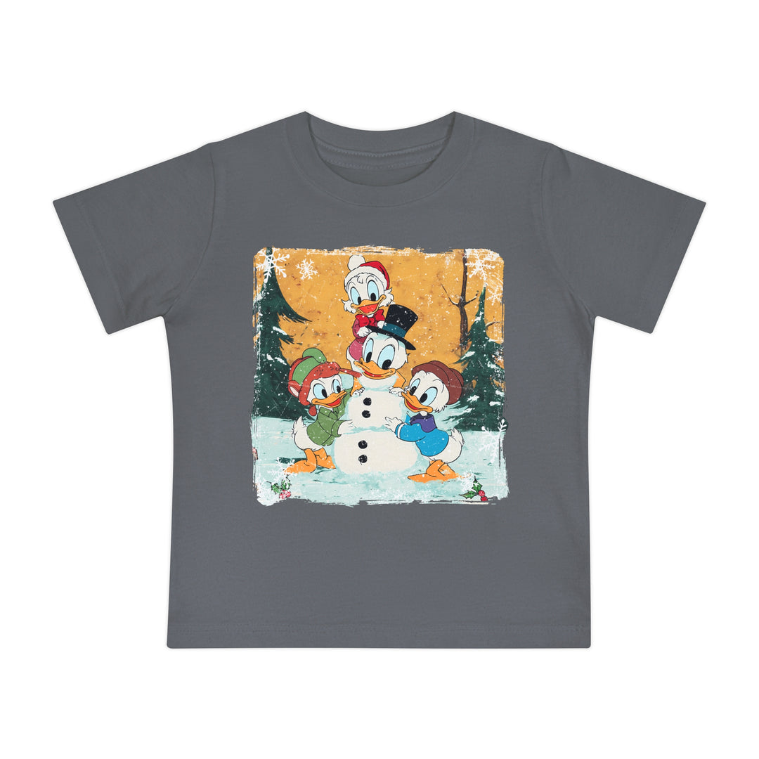 Duck Snowmen Baby Tee featuring cartoon ducks building a snowman, perfect for baby's first steps in comfort and style. Made from soft, shrink-resistant cotton.