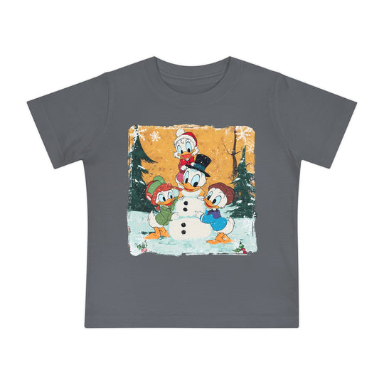 Duck Snowmen Baby Tee featuring cartoon ducks building a snowman, perfect for baby's first steps in comfort and style. Made from soft, shrink-resistant cotton.