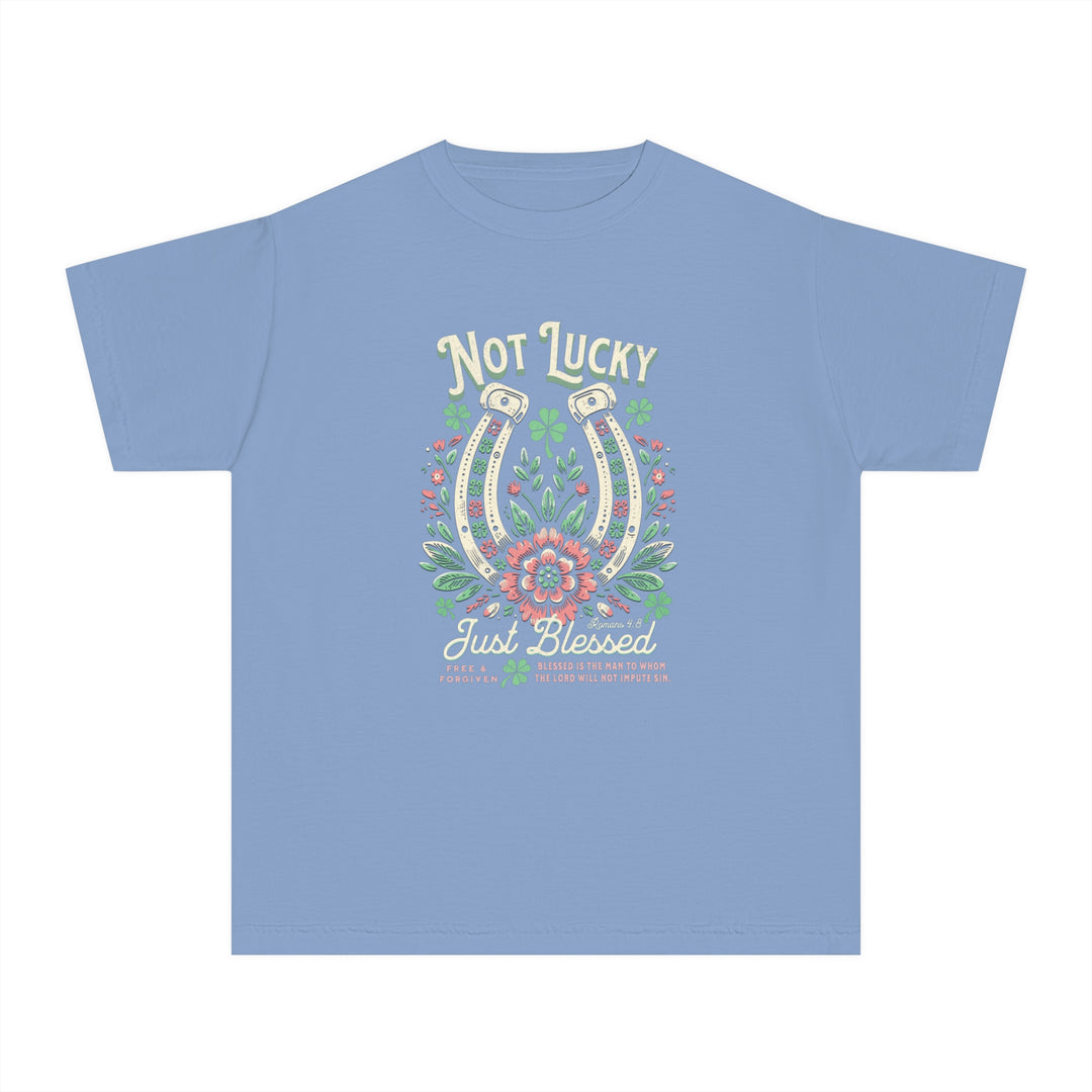 Blessed Tee: Blue kids' t-shirt featuring a graphic design, ideal for active wear. Made from 100% combed ring-spun cotton for comfort and durability.