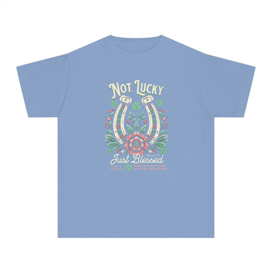 Blessed Tee: Blue kids' t-shirt featuring a graphic design, ideal for active wear. Made from 100% combed ring-spun cotton for comfort and durability.