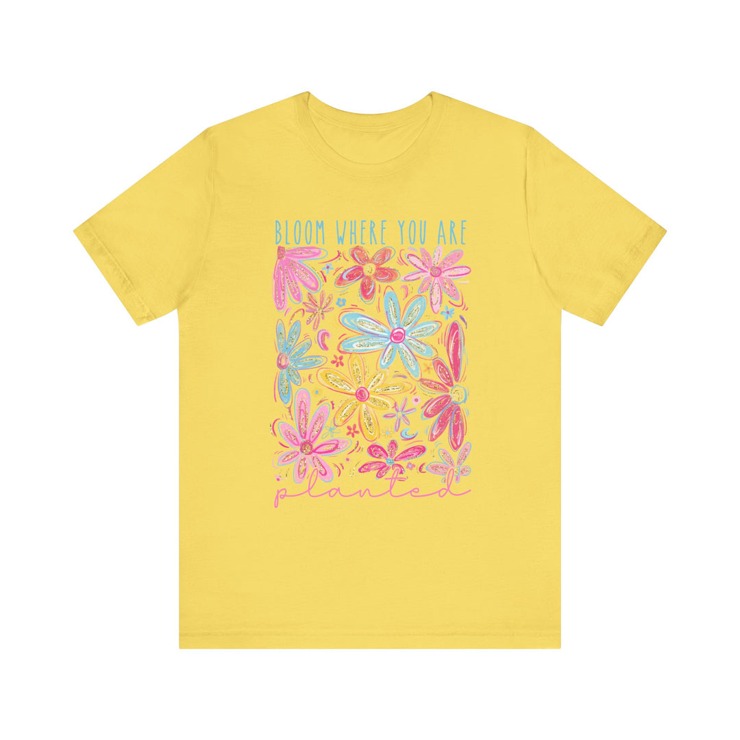 Unisex Bloom Where You Are Planted tee, featuring a classic crew neckline, ribbed knit collars, and tapered shoulders for a comfortable, stylish fit.