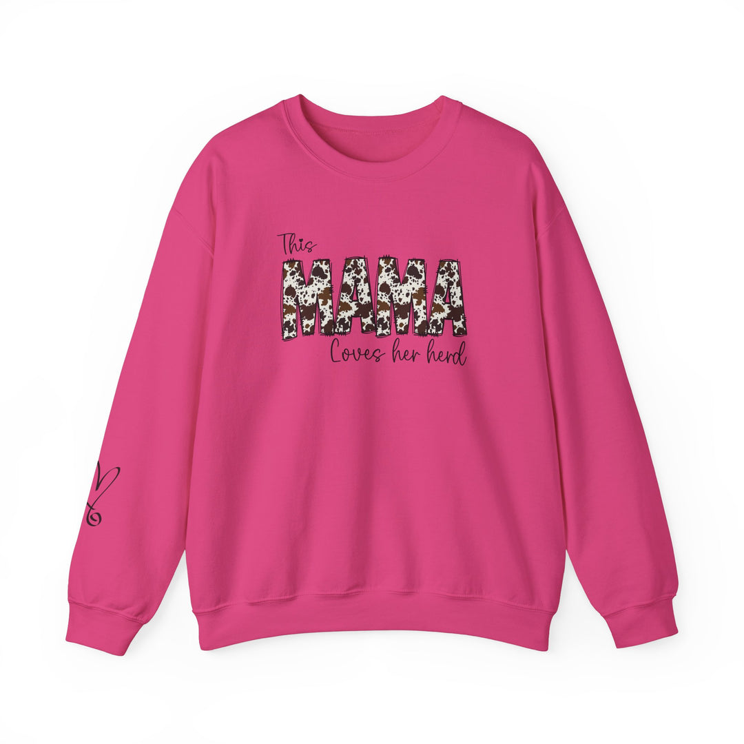 A pink Mama Herd Crew sweatshirt with black text. Unisex heavy blend crewneck, 50% cotton, 50% polyester, ribbed knit collar, no itchy side seams, loose fit, medium-heavy fabric. Sizes: S-5XL.