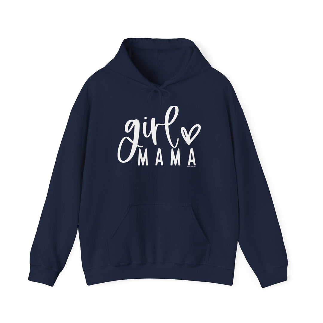 A blue Girl Mama Hoodie sweatshirt with white text, featuring a kangaroo pocket and matching drawstring. Unisex heavy blend for warmth and comfort. Perfect for chilly days. Classic fit, tear-away label, true to size.