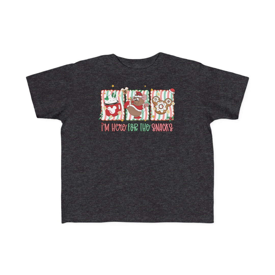 Here for the Snacks Toddler Tee featuring holiday-themed Mickey graphics and playful cartoon squares, perfect for toddlers' first adventures.
