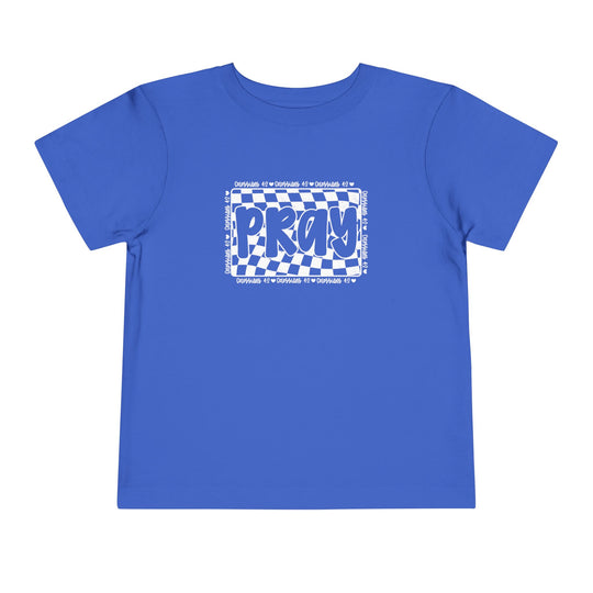 Pray Toddler Tee featuring a blue shirt with white text, made from soft, 100% Airlume combed cotton, perfect for comfortable, everyday wear.