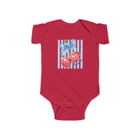American Cherry Onesie: Red baby onesie with patriotic cherry graphic, featuring white stars and a blue bow, on a light blue, star-studded striped background.