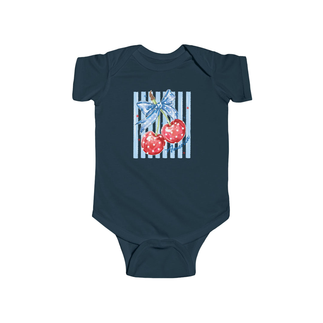American Cherry Onesie featuring patriotic cherries with a star-patterned ribbon, vertical stripes, and America script; crafted from soft, durable cotton for infants.