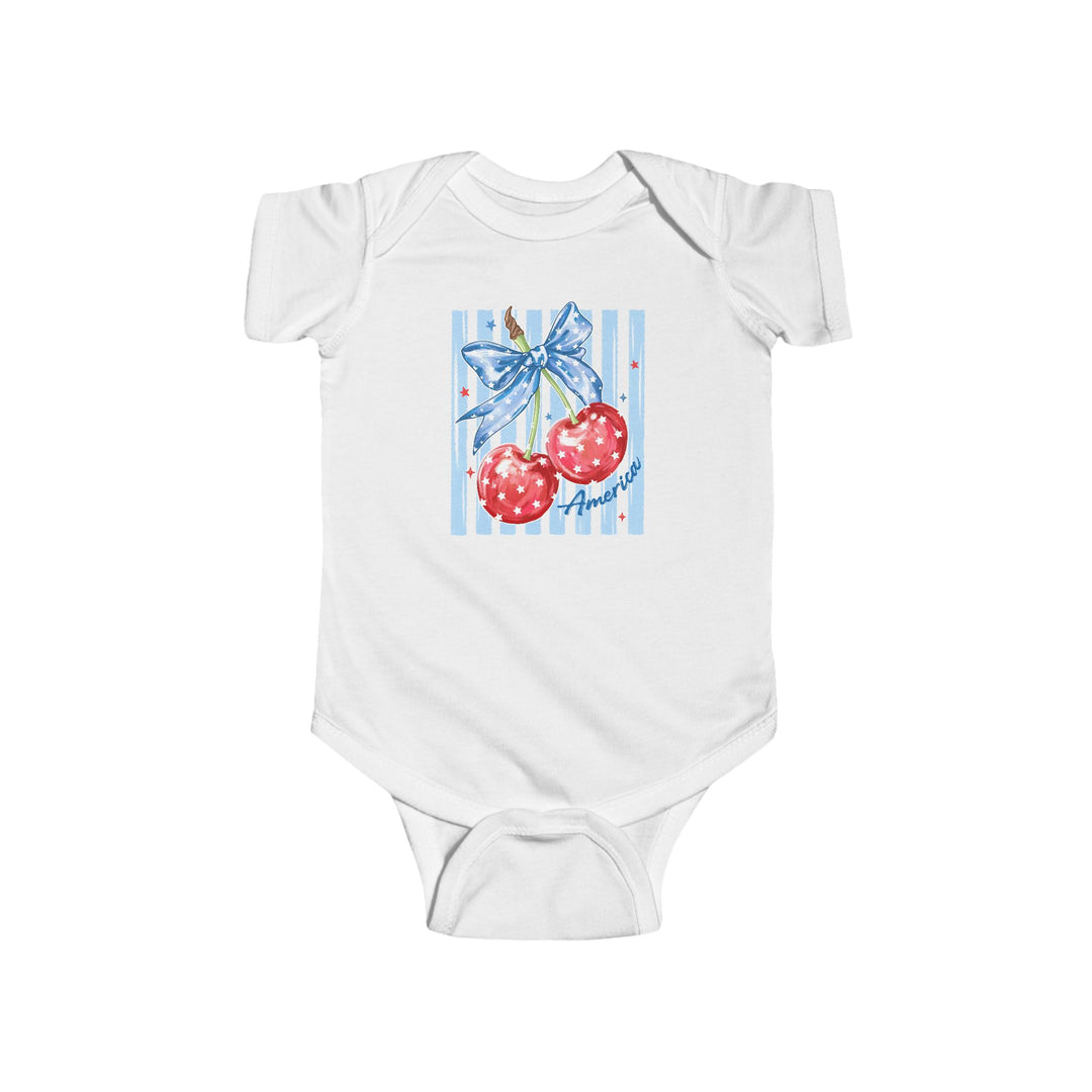 American Cherry Onesie featuring patriotic cherries with stars and a blue ribbon on pale blue stripes, designed for comfort with 100% cotton fabric and easy-snap closure.