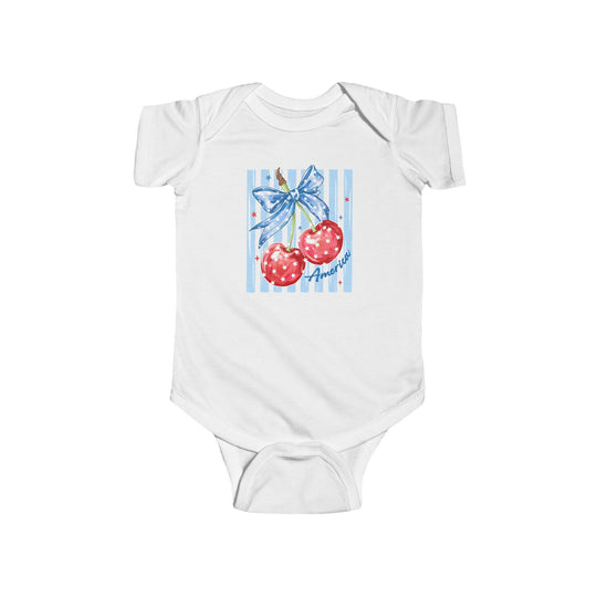American Cherry Onesie featuring patriotic cherries with stars and a blue ribbon on pale blue stripes, designed for comfort with 100% cotton fabric and easy-snap closure.