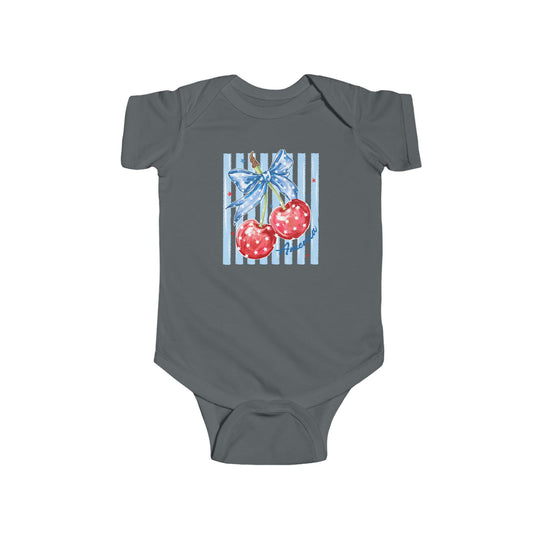 American Cherry Onesie: Charcoal-gray infant bodysuit featuring Americana-style cherries with a blue bow and stars, perfect for comfort and style in 100% cotton.