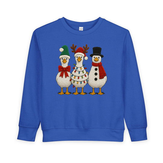 Christmas Geese Toddler Crew features festive birds in holiday attire on a blue sweatshirt, perfect for keeping toddlers warm and stylish during the holidays.