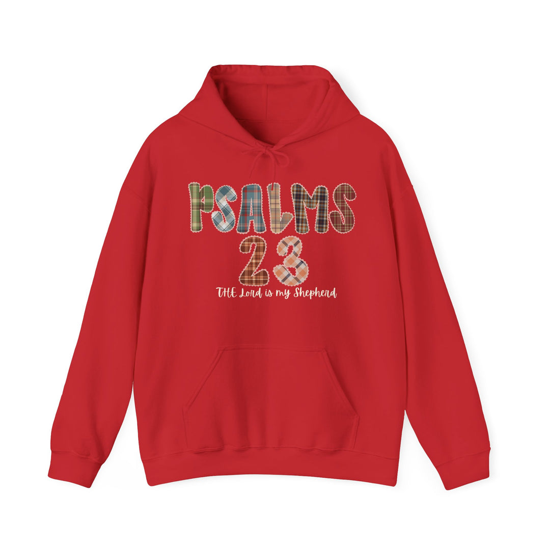 Red pullover hoodie with PSALMS 23 and The Lord is my Shepherd printed, featuring a kangaroo pocket and color-matched drawstring.