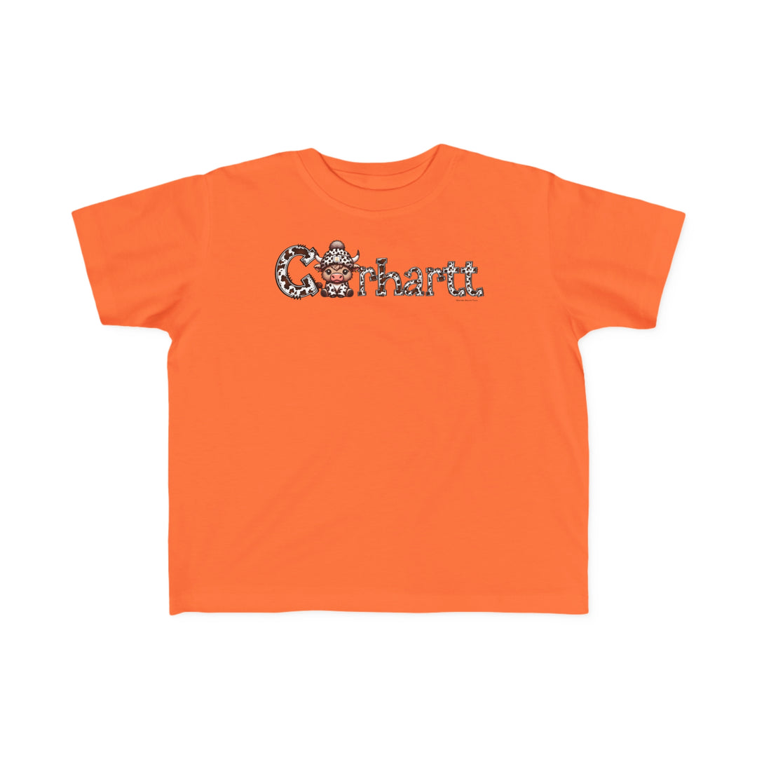 Toddler tee featuring a playful cow design, ideal for sensitive skin. Made of 100% combed ringspun cotton, with a durable print and tear-away label. Available in sizes 2T to 5-6T.