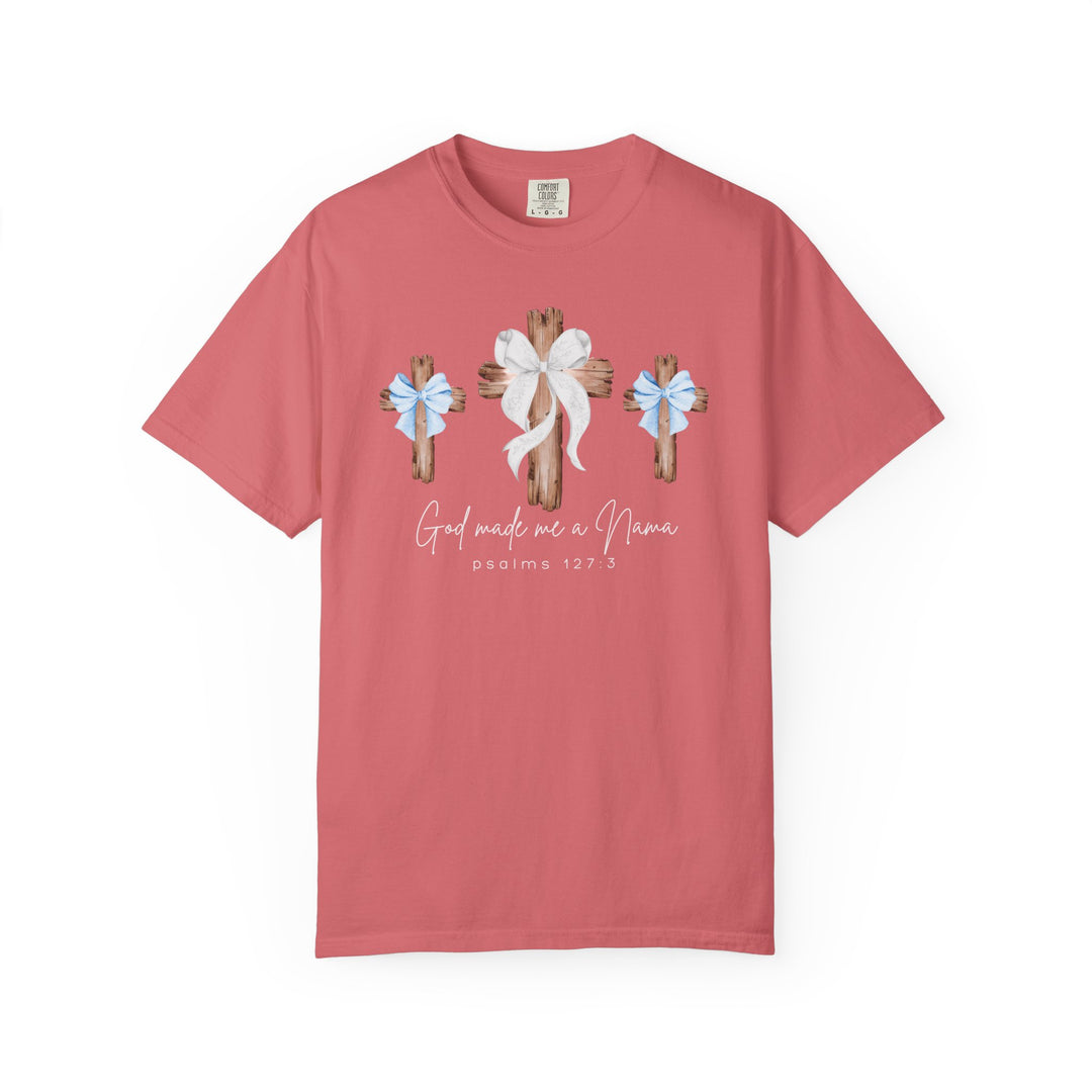 God Made Me a Boy Mama Tee with three wooden crosses, adorned with bows, and Psalms 127:3 text on soft-rose Comfort Colors T-shirt.