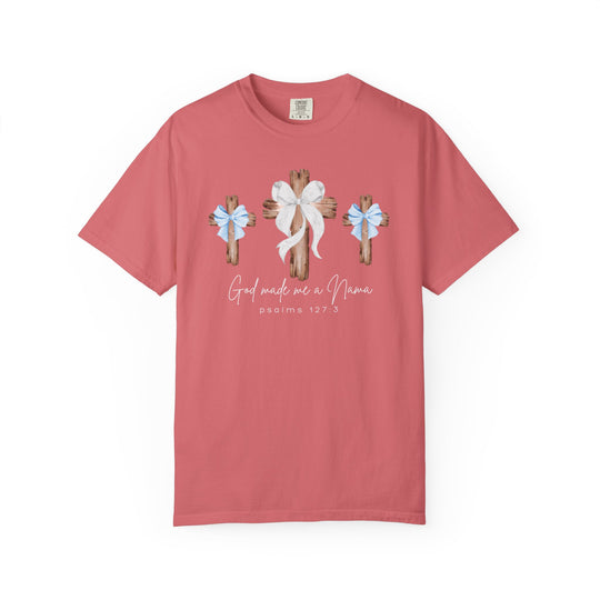 God Made Me a Boy Mama Tee with three wooden crosses, adorned with bows, and Psalms 127:3 text on soft-rose Comfort Colors T-shirt.