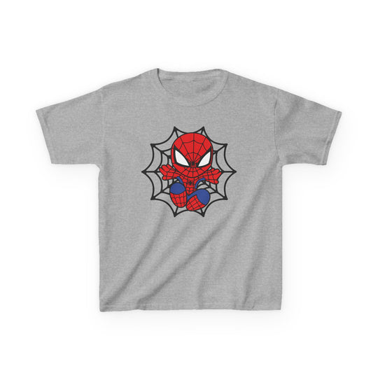 Spider Kid Kids Tee features a chibi Spider-Man in a cartoon style, crouching inside a spider-web on a light-gray, short-sleeved shirt, perfect for everyday wear.