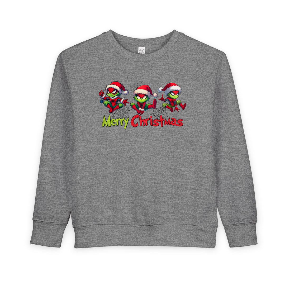 Heather-gray sweatshirt with festive Grinch-like figures in Spider-Man suits, Santa hats, Merry Christmas text; cozy 60% cotton, 40% polyester blend.
