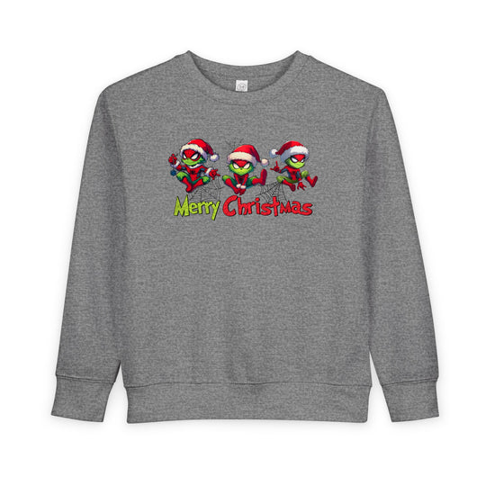 Heather-gray sweatshirt with festive Grinch-like figures in Spider-Man suits, Santa hats, Merry Christmas text; cozy 60% cotton, 40% polyester blend.