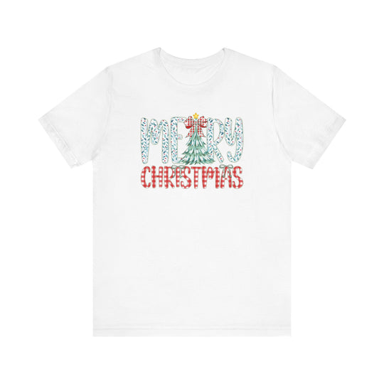 Tree Christmas Tee: White T-shirt with Merry Christmas in holly-leaf and gingham-style font, offering a festive, comfortable fit from Faith Family Designs.
