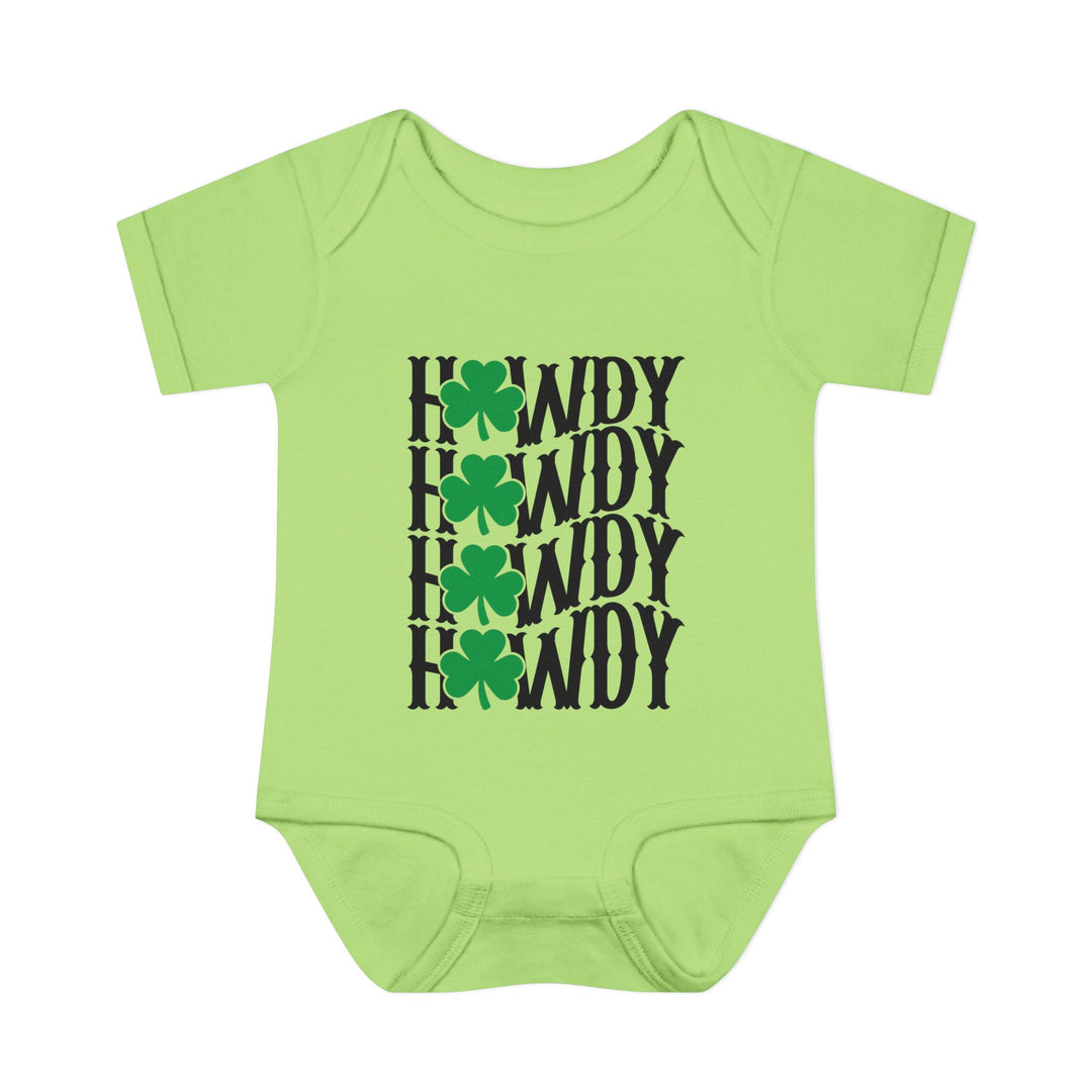 Howdy Lucky Onesie: Green baby bodysuit featuring black text and shamrock design, made from soft, 100% ring-spun cotton for comfort.